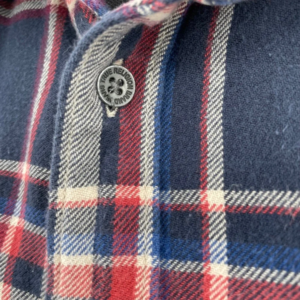 True Religion Mens Plaid‎ Flannel LS Utility Shirt Navy Red XL SVY974ZL01815